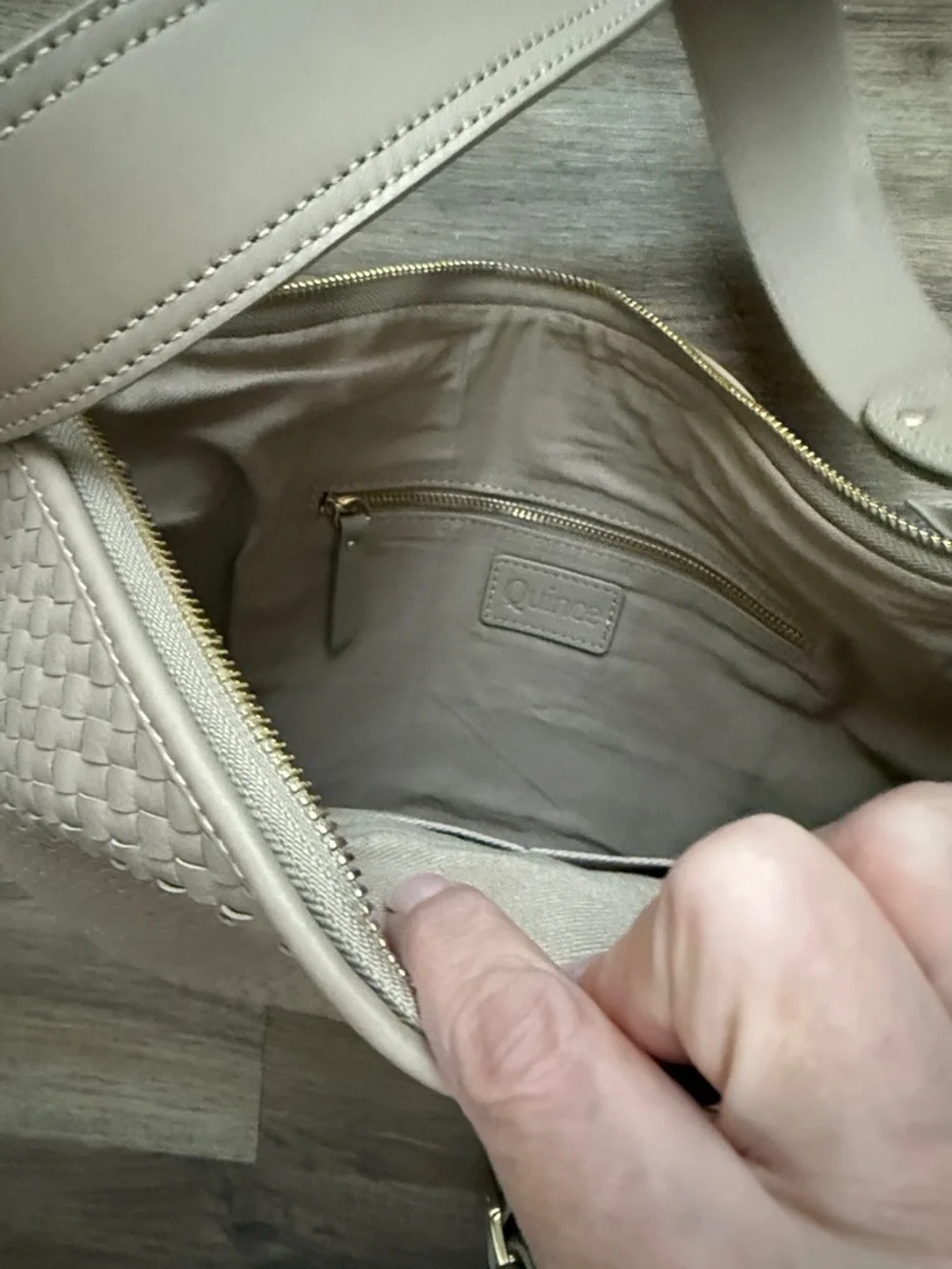 Quince Beige Woven Leather Shoulder Bag with Gold Hardware - SIZE LARGE - Picture 7 of 8